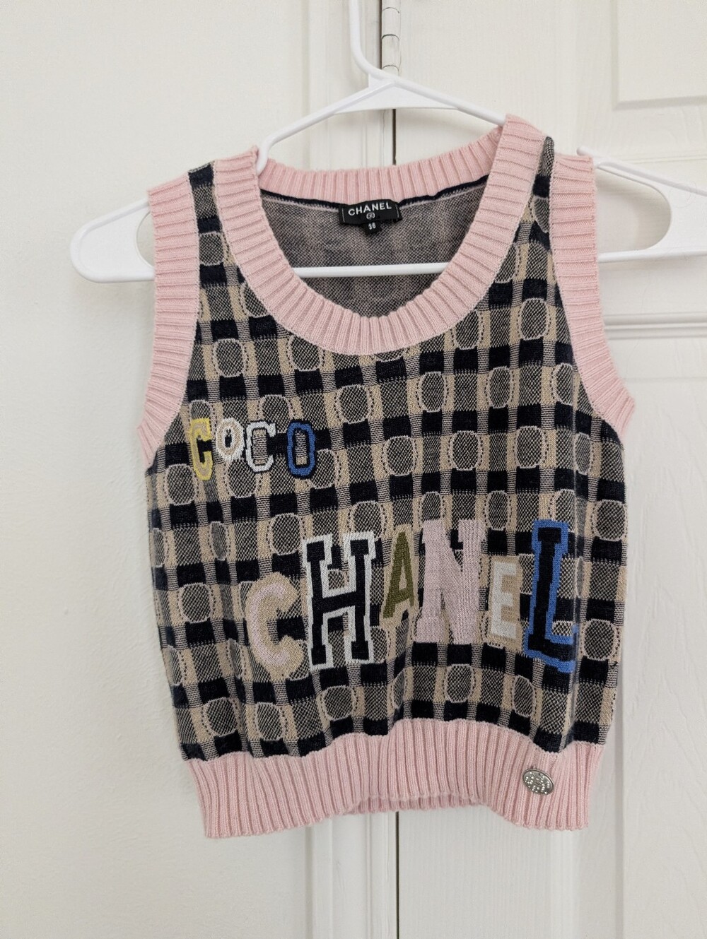 CHANEL Pink Trim Checked Knit Sleeveless Sweater Vest